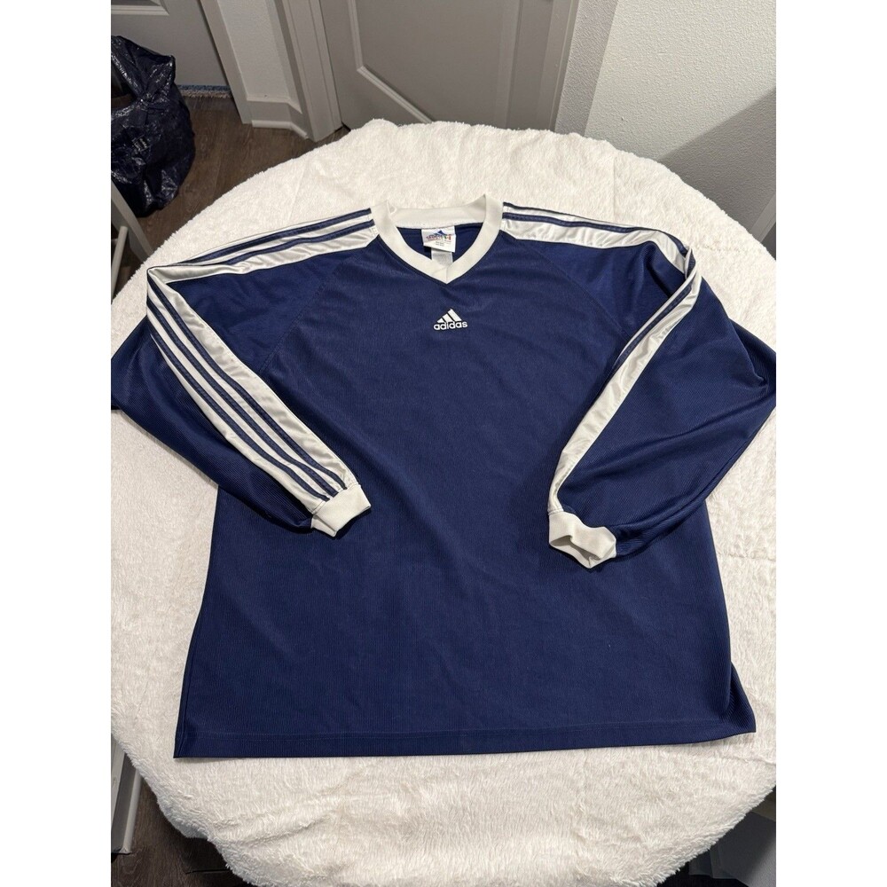 Vintage 90s Adidas XL Navy Blue V-Neck Long Sleeve Jersey Shirt Men’s Skater Y2K